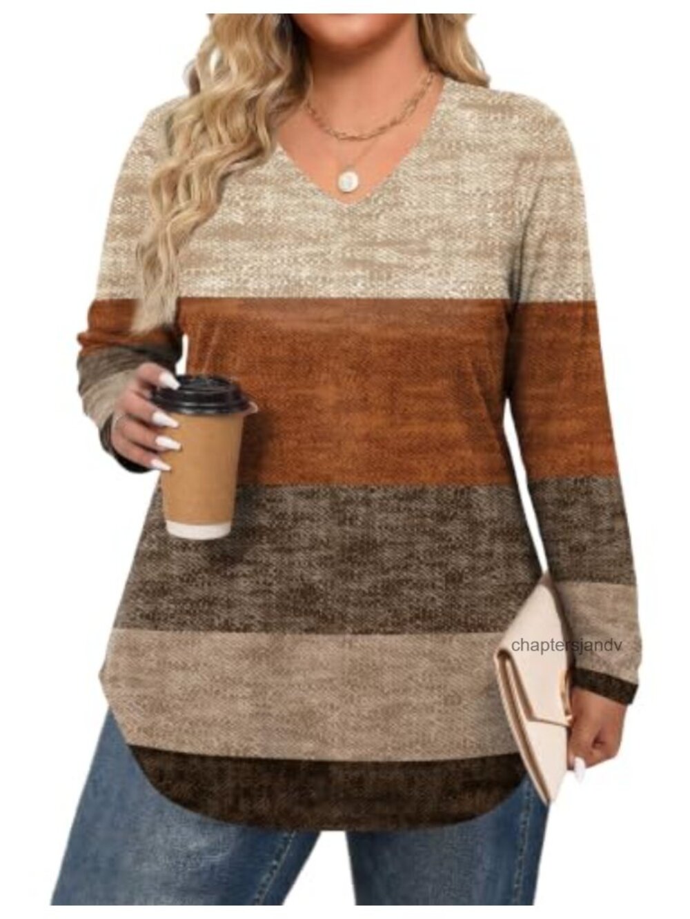 Plus Size Long Sleeve V-Neck Tunic Top Polyester Spandex Curved Hem